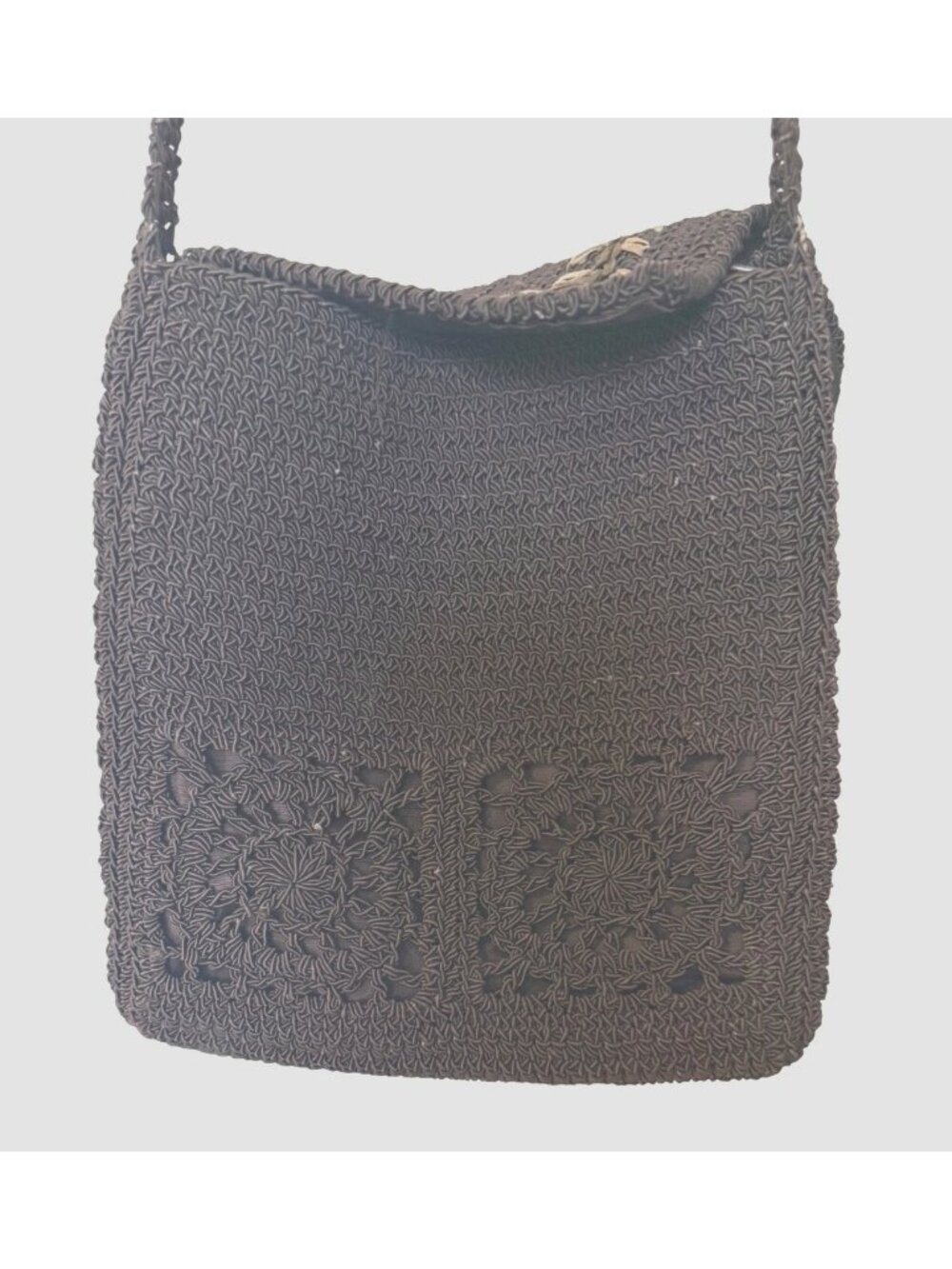 Vintage Boho Crocheted Dark Brown Crossbody Bag With Floral Embroidery Beautiful - Picture 2 of 9